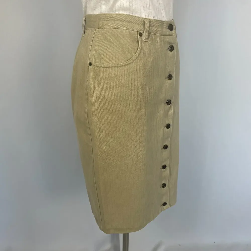 Vintage Button Front Skirt Size 10 Khaki Tan Pinstripe Minimal Rodeo Western 90s